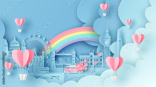 Honeymoon travel on Valentine's day and see the world famous architecture city in London, England. paper cut and craft style. vector, illustration.