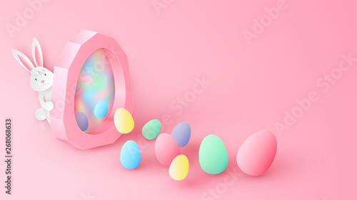 Variety color Easter eggs go out from egg-shape magic gate to celebrate the Easter and bunny sneak behind. paper cut and craft style. vector  illustration.