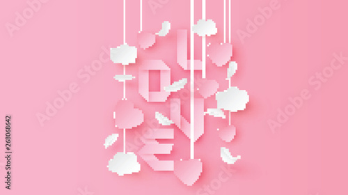 Paper art of Love text calligraphy and decorated hanging with heart and cloud. Valentine's greeting card. paper cut and craft style. vector, illustration.