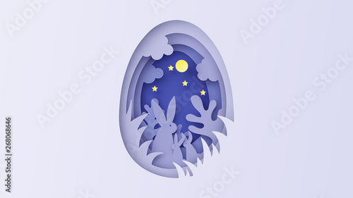 Paper craft carving into egg-shape layers with rabbit family Mother and baby live in the forest at Easter night. Creative design for Easter festival. paper cut and craft. vector, illustration.