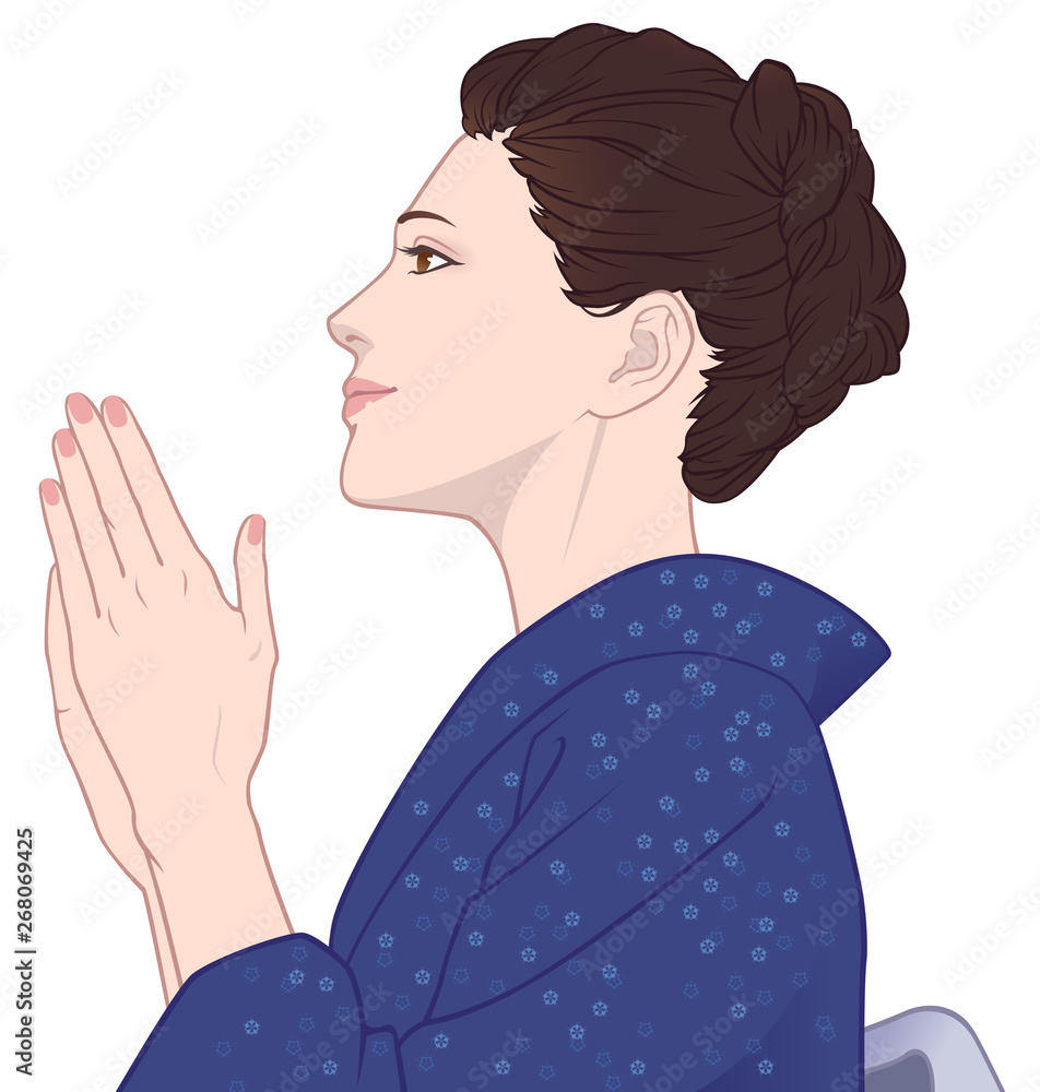 手を合わせる着物の女性の横顔 青 Stock Illustration Adobe Stock