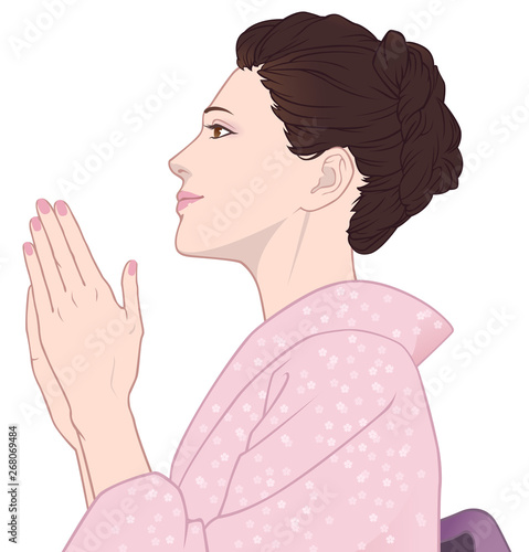 手を合わせる着物の女性の横顔 桜模様 桃色 Stock イラスト Adobe Stock