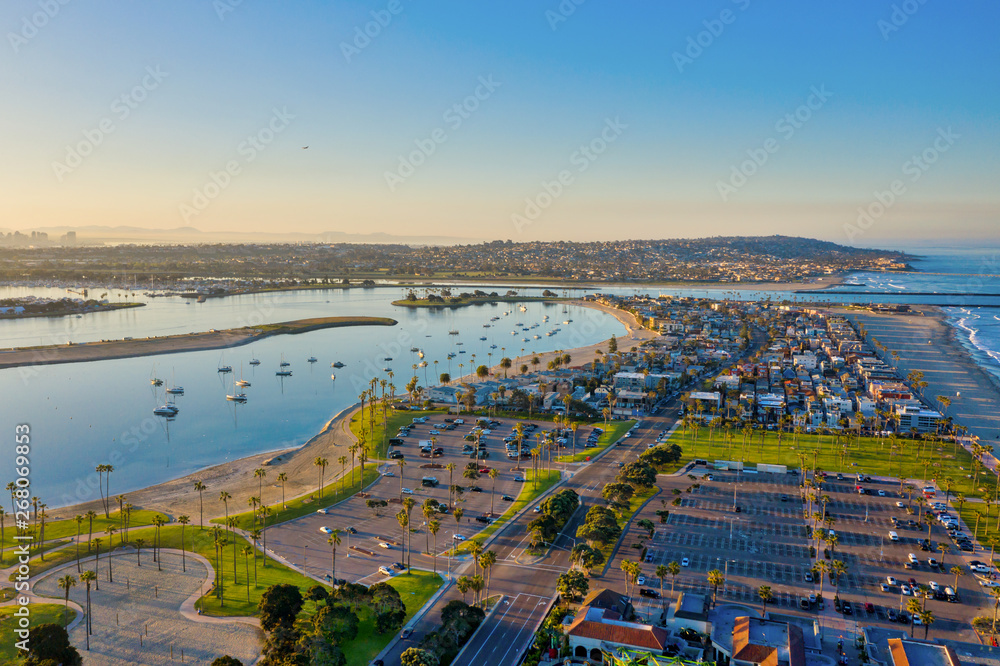 Aerial of Pacific Beach and Mission Valley in San Diego, California, a popular tourist destination