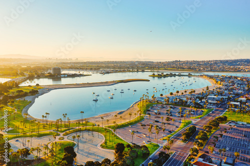 Aerial of Pacific Beach and Mission Valley in San Diego, California, a popular tourist destination