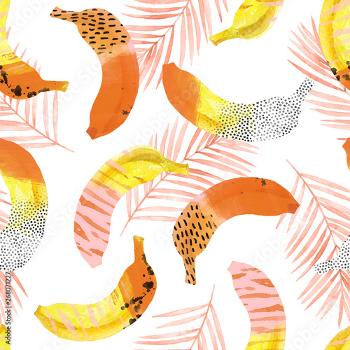 Fun bananas and palm leaves print in 80s 90s pop art style.