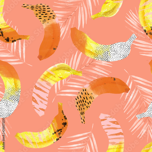 Fun bananas and palm leaves print in 80s 90s pop art style.