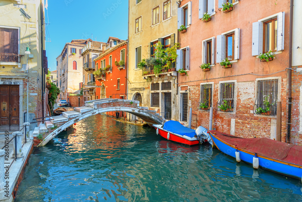 View of Canal Rio di san Falice and bridge Ponte Chiodo. Venice. Italy