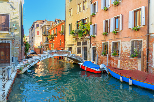 View of Canal Rio di san Falice and bridge Ponte Chiodo. Venice. Italy