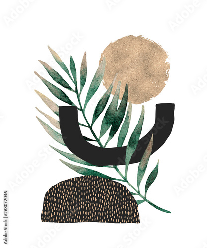 Abstract poster design: minimal shapes, glossy golden tropical leaf