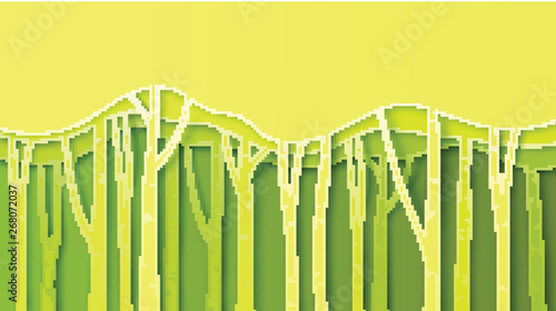 Paper layer cut of green nature forest background and place for your text space. Green forest scene. paper cut and craft style. vector, illustration.