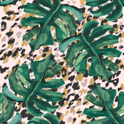 Summer abstract seamless pattern: sparkling tropical leaves, leopard fur coat...