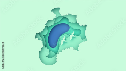 Environment of natural forest in aerial view with bird are flying. paper layer cut of forest. paper cut and craft style. vector, illustration.