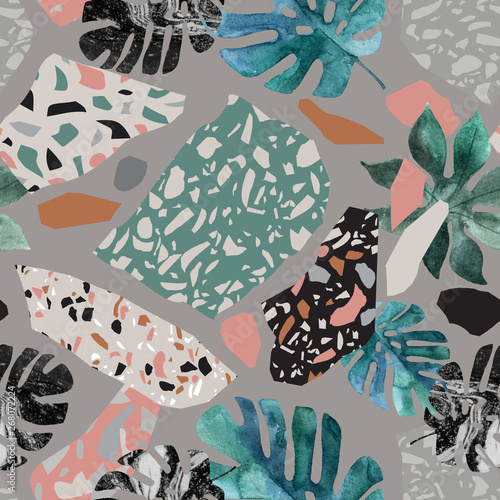 Tropical watercolor leaves, turned edge geometric shapes, terrazzo flooring e...
