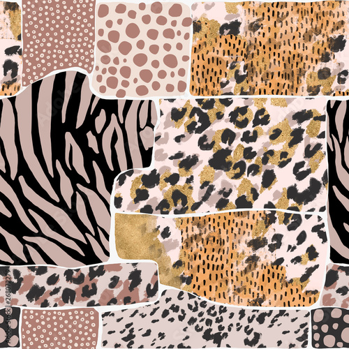 Geometric background with leopard spotted fur imitation, zebra stripes, creative wild cat rosettes in brazen golden foil pastel beige pink colors photo