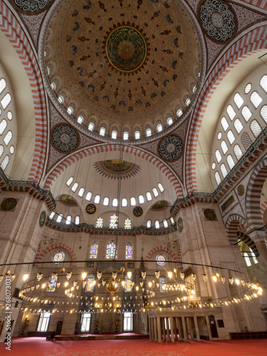 STANBUL, TURKEY - Februay, 2019: An beautiful interior view of Suleymaniye Mosque (Suleymaniye Camisi), Istanbul, Turkey. The foundation date as 1550 and the inauguration date as 1557