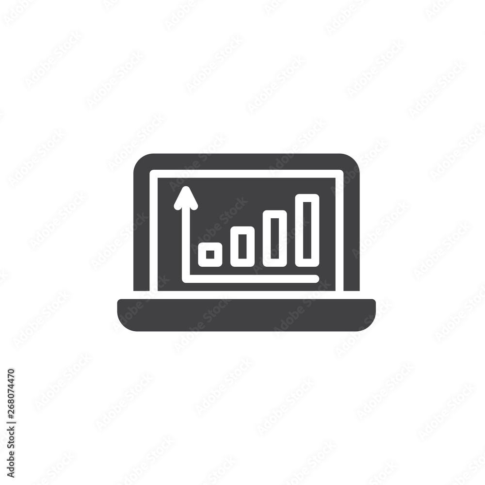 Statistics diagram on laptop screen vector icon. filled flat sign for mobile concept and web design. Laptop with business graph glyph icon. Symbol, logo illustration. Pixel perfect vector graphics Statistics diagram on laptop screen vector icon. filled flat sign for mobile concept and web design. Laptop with business graph glyph icon. Symbol, logo illustration. Pixel perfect vector graphics