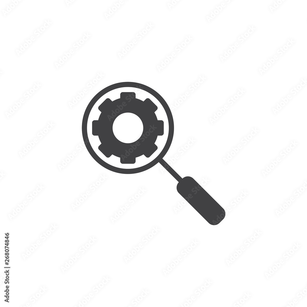 Magnifying glass with gear vector icon. Research optimization filled flat sign for mobile concept and web design. Search settings glyph icon. Symbol, logo illustration. Pixel perfect vector graphics Magnifying glass with gear vector icon. Research optimization filled flat sign for mobile concept and web design. Search settings glyph icon. Symbol, logo illustration. Pixel perfect vector graphics