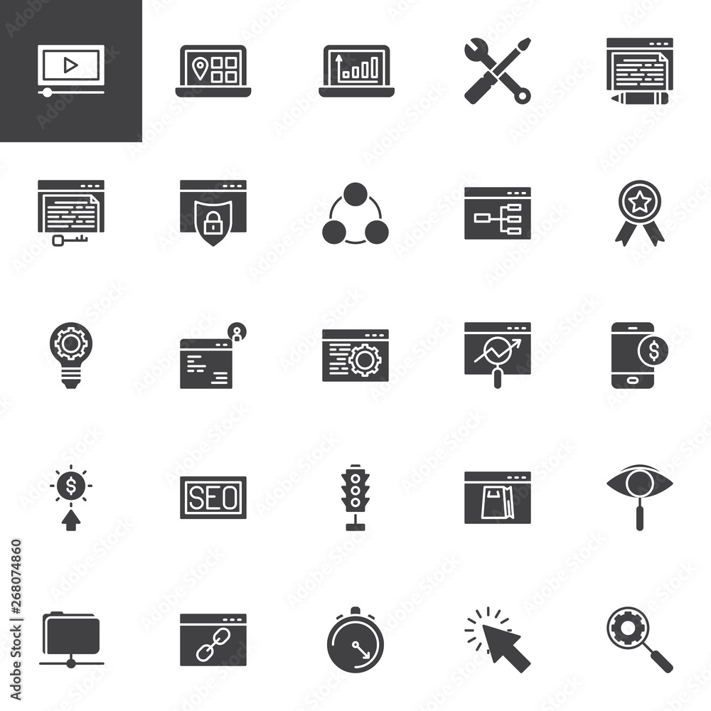 Search engine optimization vector icons set, modern solid symbol collection, filled style pictogram pack. Signs, logo illustration. Set includes icons as seo web optimization, keyword search, sitemap Search engine optimization vector icons set, modern solid symbol collection, filled style pictogram pack. Signs, logo illustration. Set includes icons as seo web optimization, keyword search, sitemap