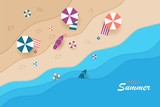 Beach top view in paper style with umbrellas, balls, swimming rings, skateboards, sandals and the sea. - Vector