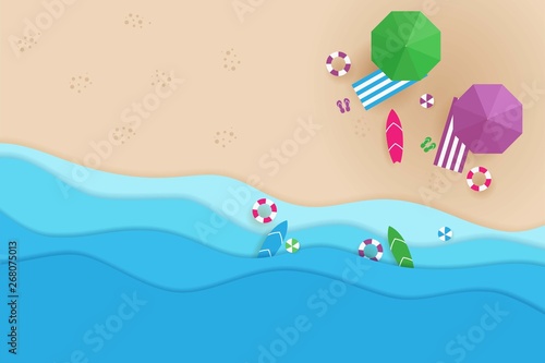 Beach top view in paper style summer holidays concept - Vector