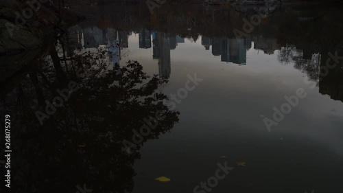 reflection of Manhattan skyline in Central Park Lake, New York City