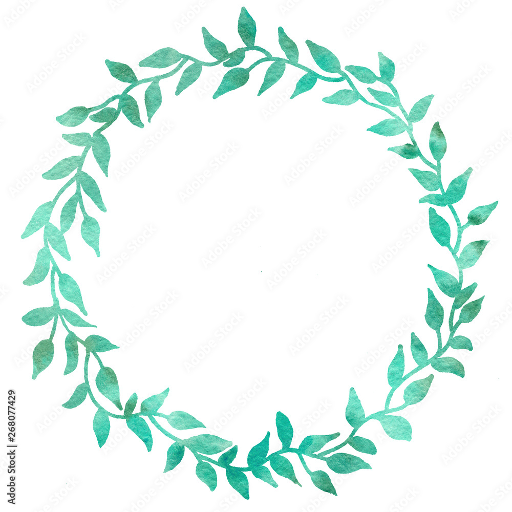 Round frame of simple elements, leaflets. Watercolor drawing with a contour stroke on a white background, for the design of invitations, cards, greetings