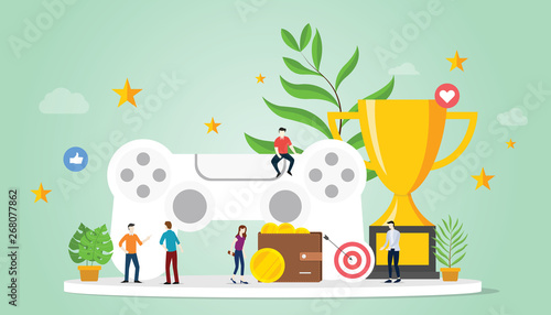 gamification life concept with goals reward and star with team people and big trophy with modern flat style - vector