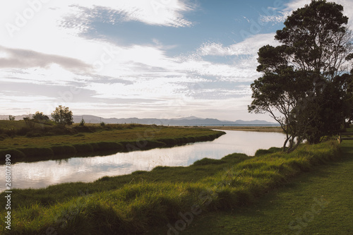 landscape with lake and blue sky