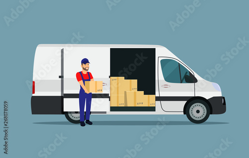 Мan loads boxes in a cargo van. Vector flat style illustration.