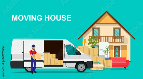 Moving House. Мan loads boxes in a cargo van. Vector flat style illustration.