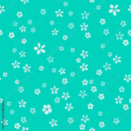 Jewelry and floral vector seamless pattern. Small white flowers with gold core on turquoise background. Template for design, textile, wallpaper, print, carton, banner, ceramic tile, card.