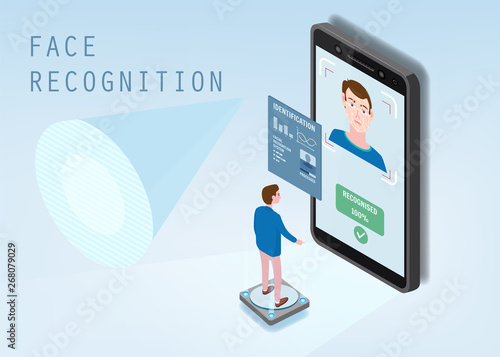Isometric design. The smartphone scans the face of a person. Biometric identification, male