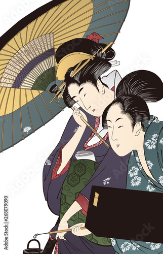 夜の雨に芸者と三味線箱を持つ女