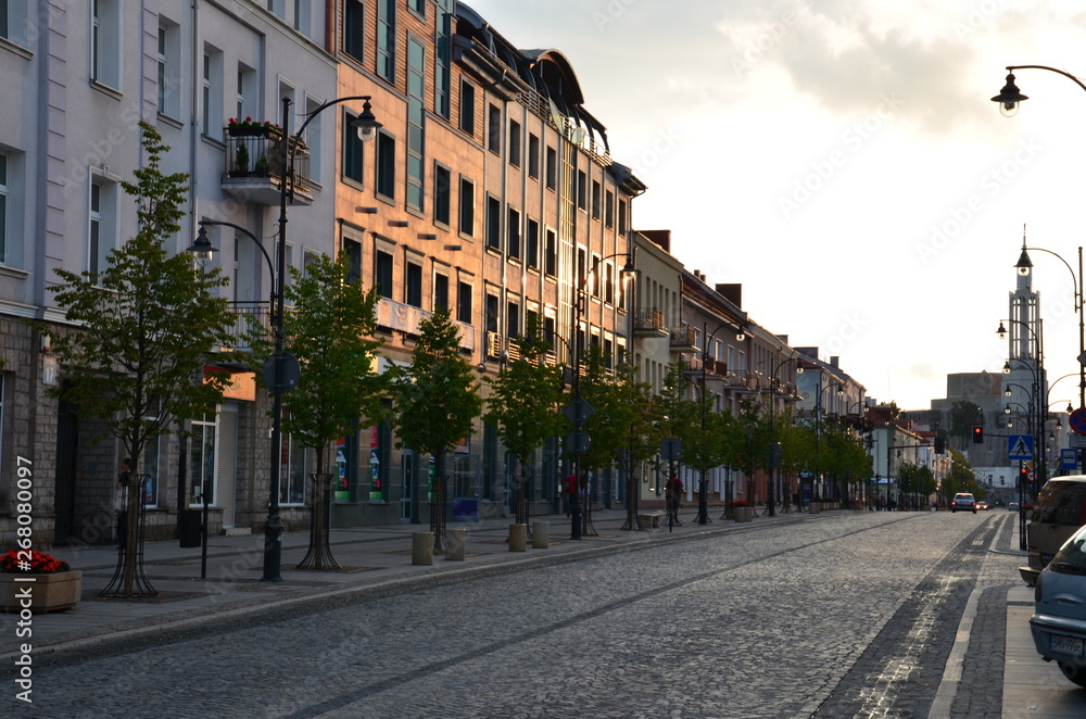 Street view, buildings in Poland - sunset time