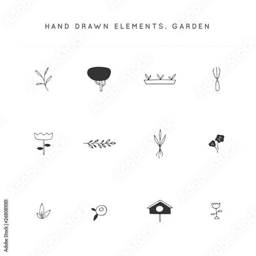 Hand drawn garden isolated illustrations. Vector logo elements set.