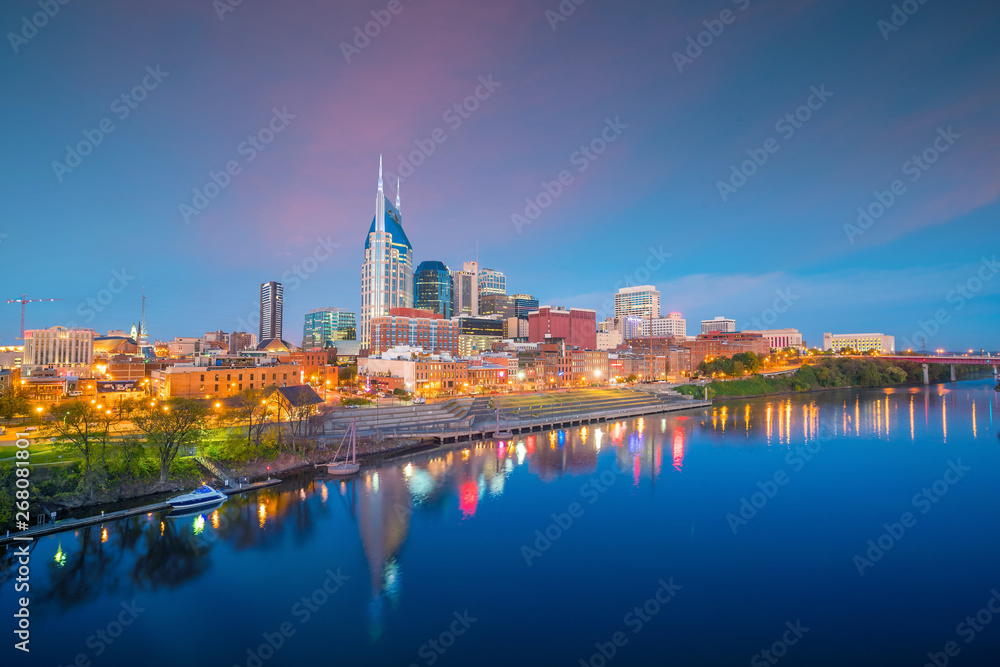 Nashville, Tennessee downtown skyline with Cumberland River in USA