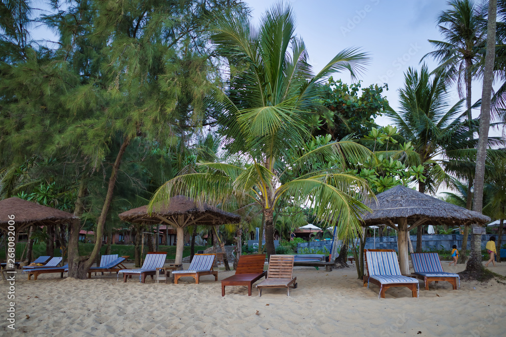 Sunbeds with parasol build of straw on a nice sand beach, surrounded by palm trees on Phu Quoc island, Vietnam