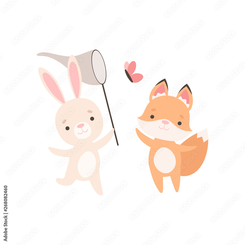 Lovely White Little Bunny and Fox Cub Catching Butterflies with Net, Cute Best Friends, Adorable Rabbit and Pup Cartoon Characters Vector Illustration Lovely White Little Bunny and Fox Cub Catching Butterflies with Net, Cute Best Friends, Adorable Rabbit and Pup Cartoon Characters Vector Illustration