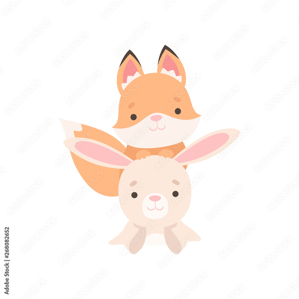 Lovely White Little Bunny and Fox Cub, Cute Best Friends, Adorable Rabbit and Pup Cartoon Characters Vector Illustration Lovely White Little Bunny and Fox Cub, Cute Best Friends, Adorable Rabbit and Pup Cartoon Characters Vector Illustration
