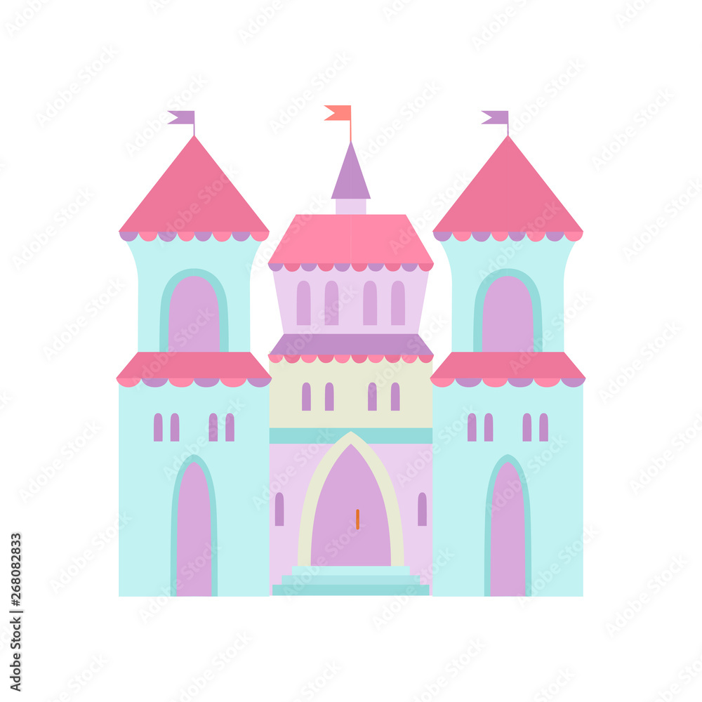 Cute Castle, Fairytale Medieval Fortress, Colorful Fantasy Kingdom Cartoon Vector Illustration