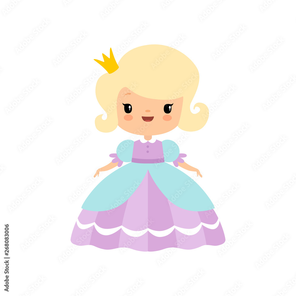 Cute Blonde Little Fairytale Princess in Beautiful Dress Cartoon Vector Illustration Cute Blonde Little Fairytale Princess in Beautiful Dress Cartoon Vector Illustration