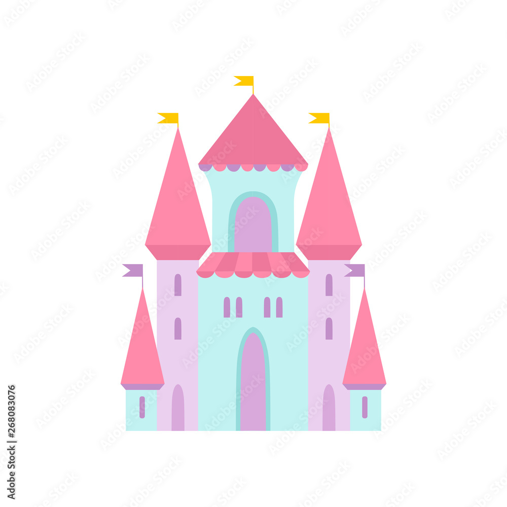 Naklejka premium Cute Magic Castle, Fairytale Medieval Fortress, Colorful Fantasy Kingdom Cartoon Vector Illustration