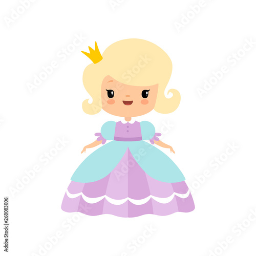Cute Blonde Little Fairytale Princess in Beautiful Dress Cartoon Vector Illustration