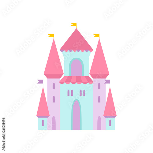 Cute Magic Castle, Fairytale Medieval Fortress, Colorful Fantasy Kingdom Cartoon Vector Illustration