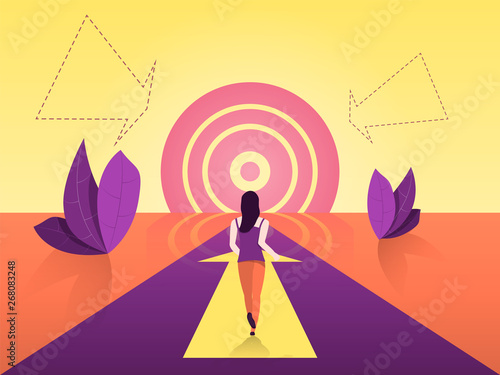 The path to achieving the goal. Road motivation goes to a goal similar to the sun. Vector illustration.