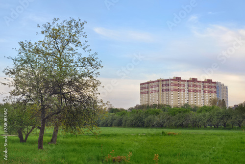 Poor urban development destroying public recreational green zones. Monstrous residential buildings gaining on the city squares. Kyiv. Ukraine.