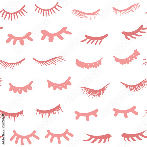 Seamless pattern. Eyelashes cartoon background. Cute closed doodle eyes. Pretty woman hand drawn lashes, sleeping girl. Vector illustrations.