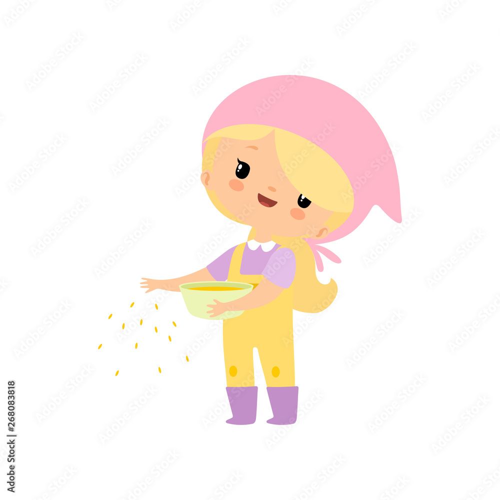 Cute Young Girl in Overalls and Rubber Boots Feeding Poultry with Grain, Farmer Girl Cartoon Character Vector Illustration Cute Young Girl in Overalls and Rubber Boots Feeding Poultry with Grain, Farmer Girl Cartoon Character Vector Illustration