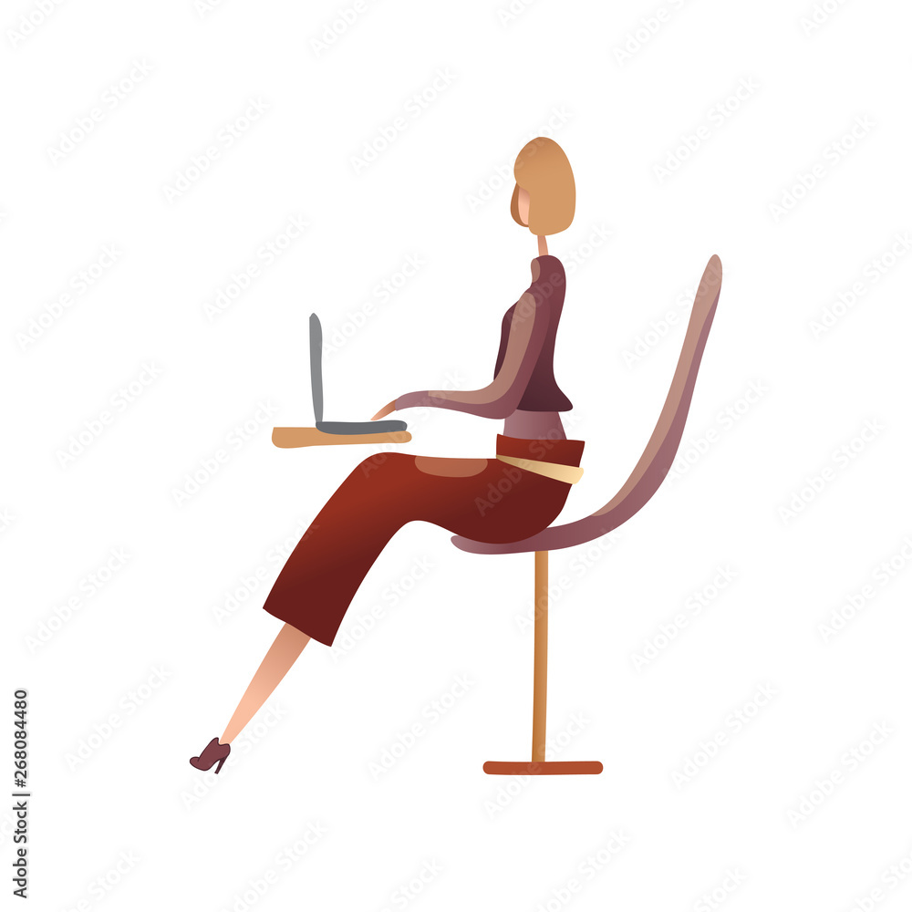 Woman working on a laptop. Vector illustration on white background.