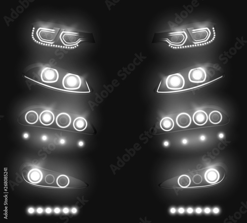 Modern car front, back headlights realistic vector set. Switched and glowing white in darkness, vehicle LED, xenon or laser running lights illustration isolated on black. Auto industry equipment